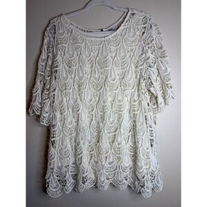 Roz & Ali White Crochet Lace Scalloped Short Sleeve Blouse Top Plus Size 1X